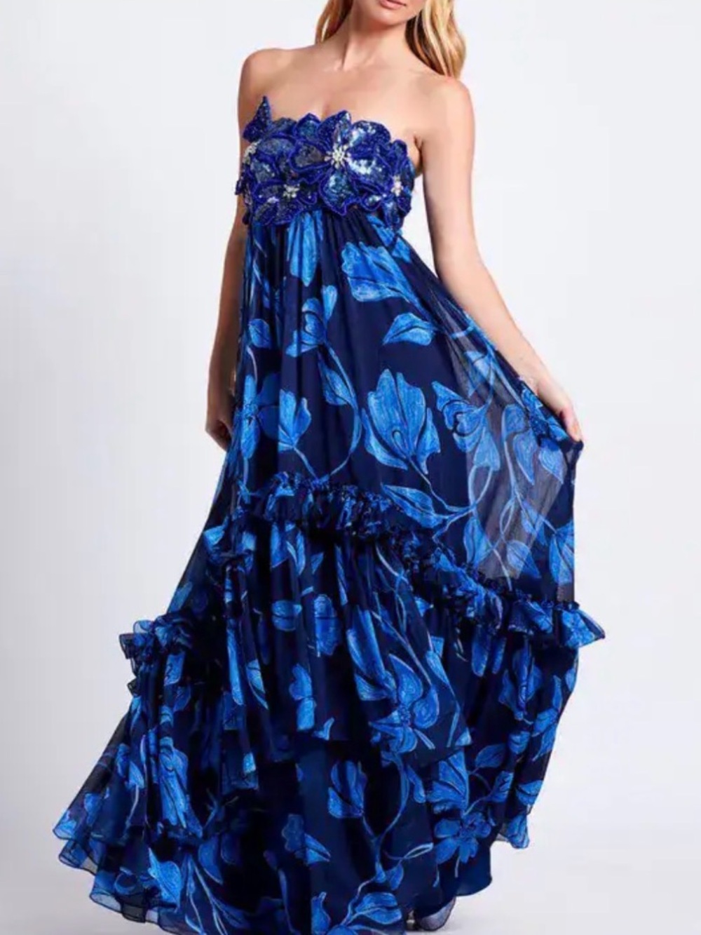 PatBO Strapless Floral Maxi Dress in Navy and Bright Blue